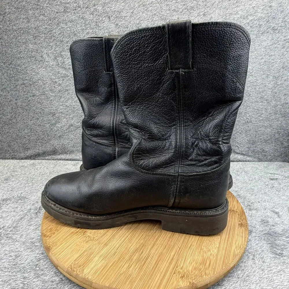 Justin Boots Mens Size 9 D Black Leather Western Workwear Pull On Oil Resisting